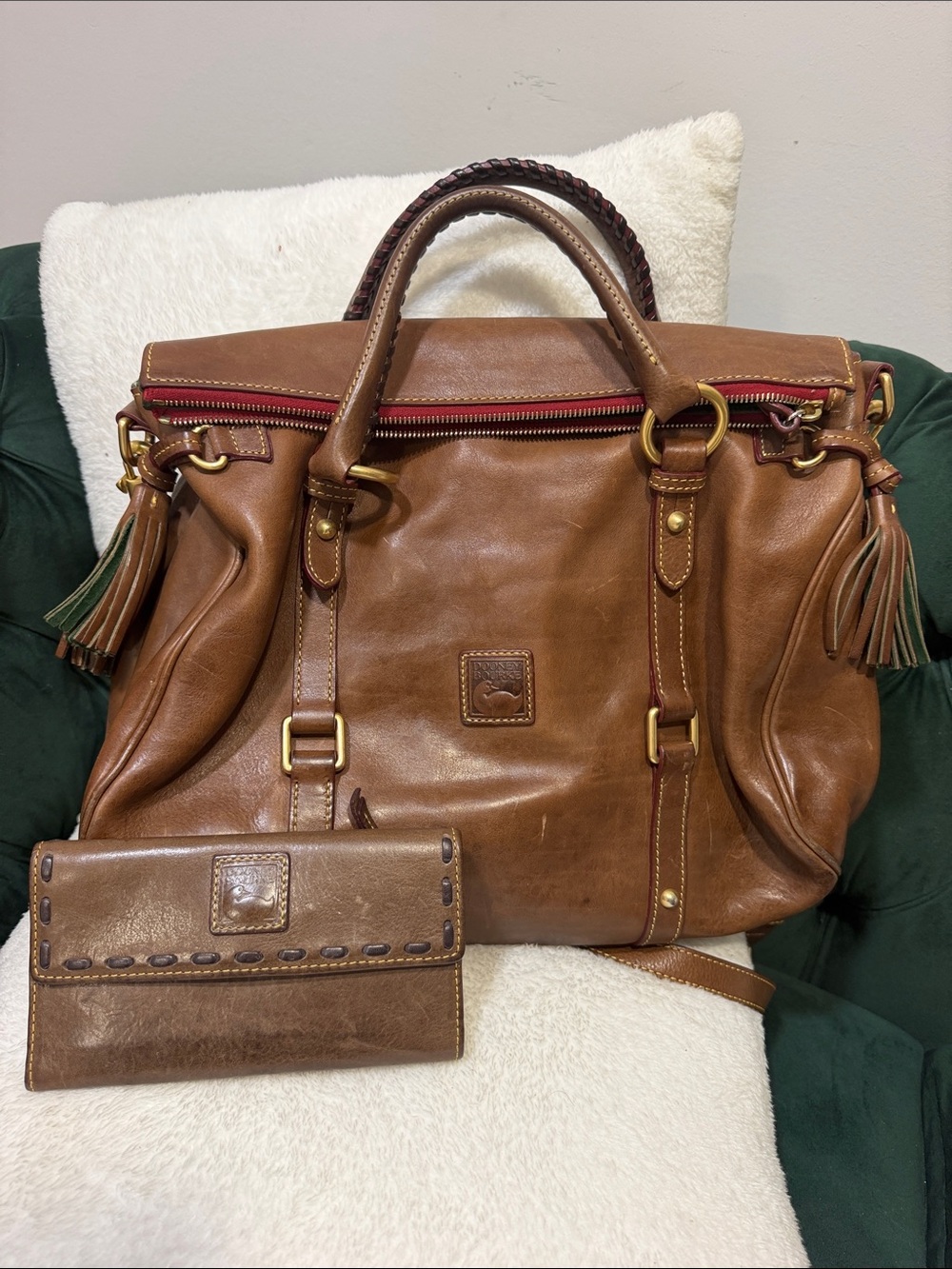Dooney & Bourke Brown Leather Satchel with Tassels